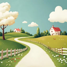 Cartoon Farm Landscape with Green Fields