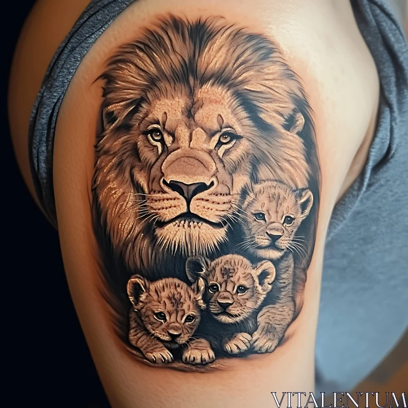 Realistic Lion and Cubs Arm Tattoo AI Image