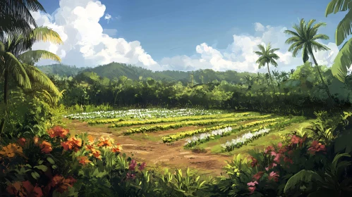 Lush Fields and Palm Trees