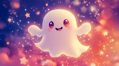 Cartoon Ghost with Starry Background