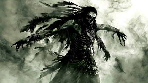 Monochrome Skeleton with Feathers Illustration
