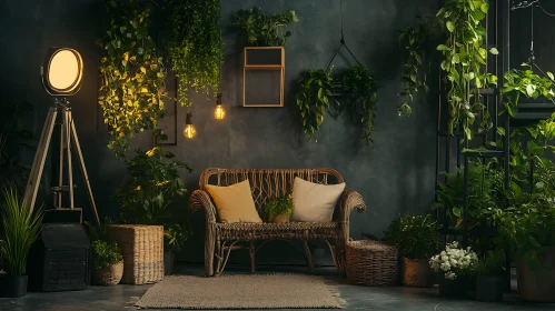 Indoor Garden Retreat with Wicker Sofa