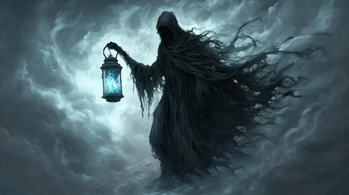 Specter with Lantern Amidst Stormy Clouds