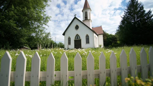 Idyllic Church Scene with White Fence