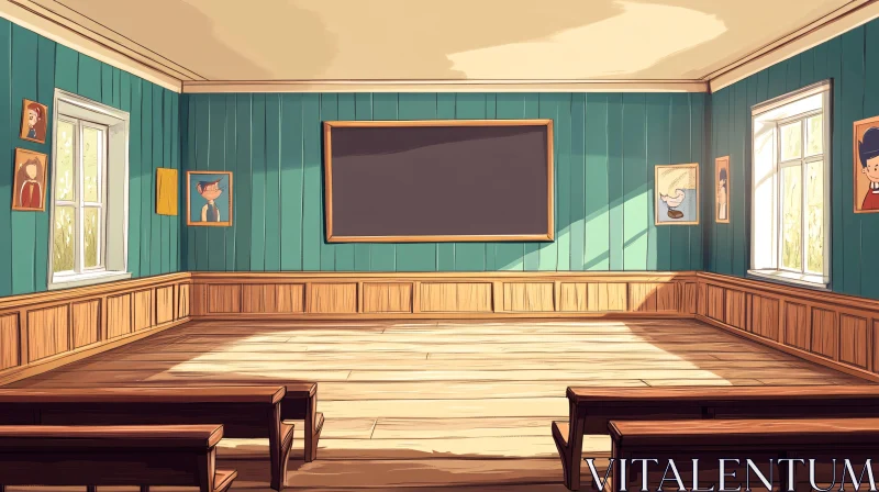 Cartoon Classroom Interior with Blackboard AI Image