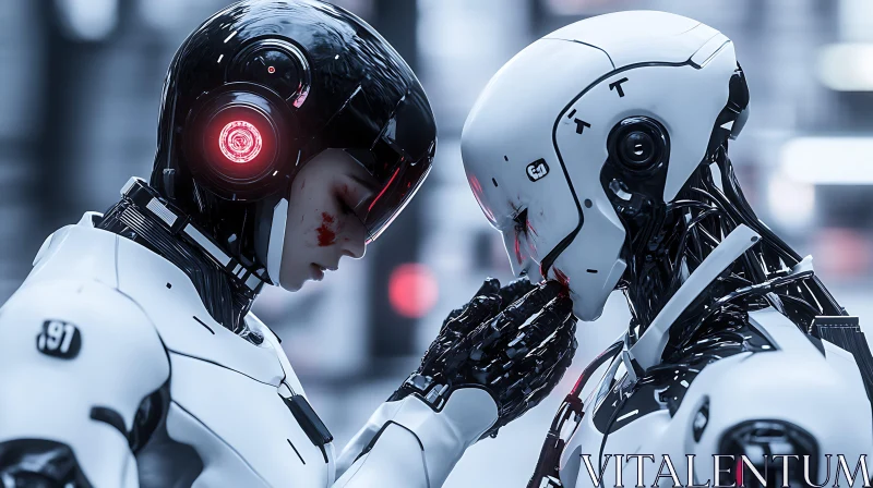 AI ART Tender Moment Between Advanced Cyborgs