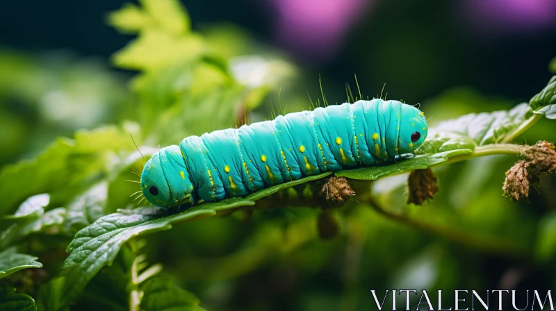 Blue Caterpillar on Green Leaf - A Bold Junglecore Aesthetic AI Image