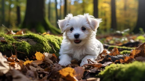 Cheerful and Playful Forest Scene with a Small White Dog