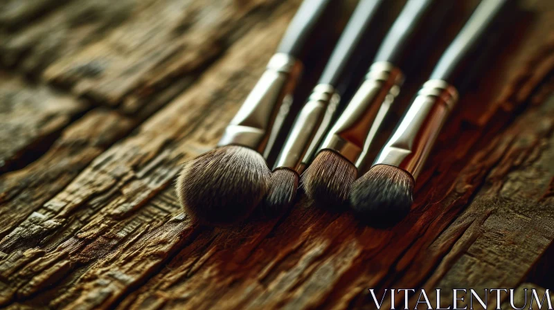 Close-up Makeup Brushes on Wooden Background AI Image
