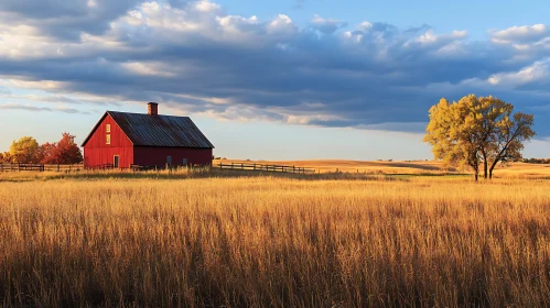 Red Barn Amidst a Golden Field