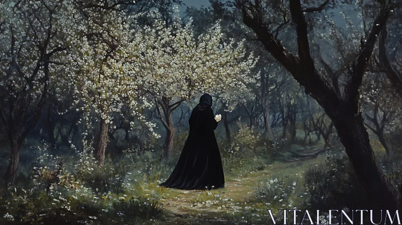 Black Robed Figure in Blossoming Woods AI Image