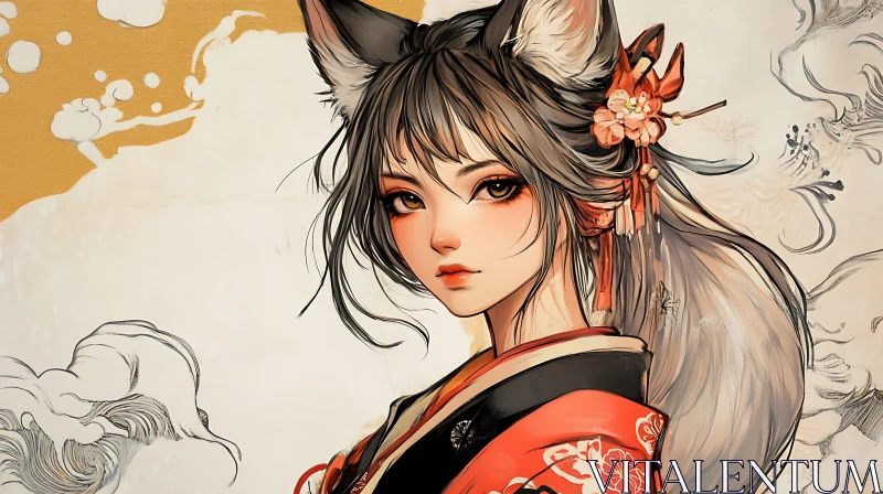 Fox-Eared Girl in Kimono Anime Style AI Image