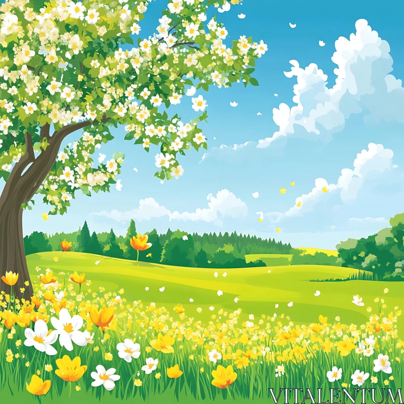 Floral Meadow Under Blue Sky AI Image