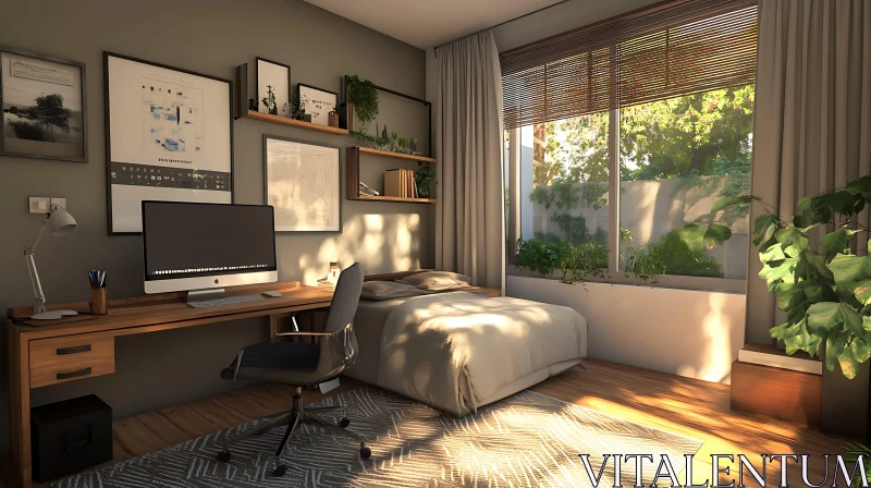 Sunlit Bedroom Interior with Desk AI Image