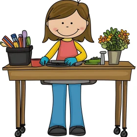 Girl at Craft Table Cartoon