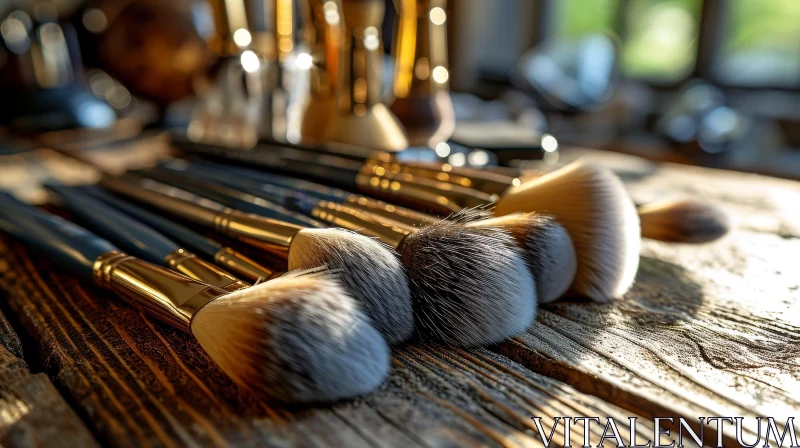 AI ART Elegant Collection of Makeup Brushes on a Wooden Table