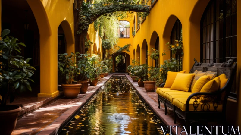 Exotic Courtyard in Yellow House with Archway and Water | Urban Landscape AI Image