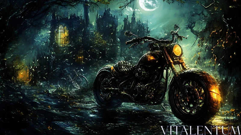 AI ART Moonlit Motorcycle at Gothic Castle