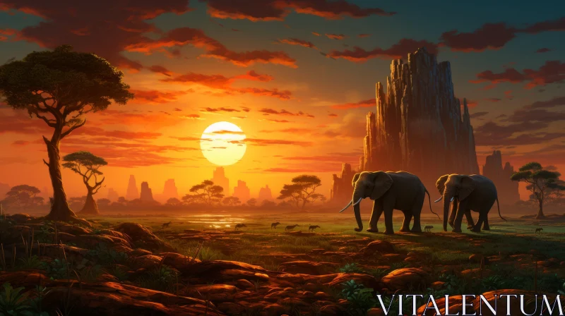 Fantasy Landscape with Majestic Elephants - Asante Art Inspired Scene AI Image