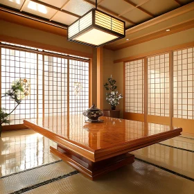 Serene Room with Polished Table and Lantern