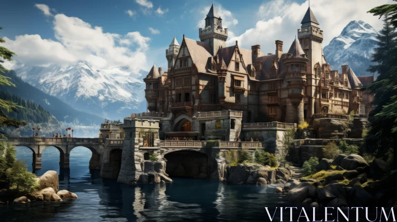 Majestic Castle in Front of Mountains and Water | Hyper-Detailed Architecture AI Image