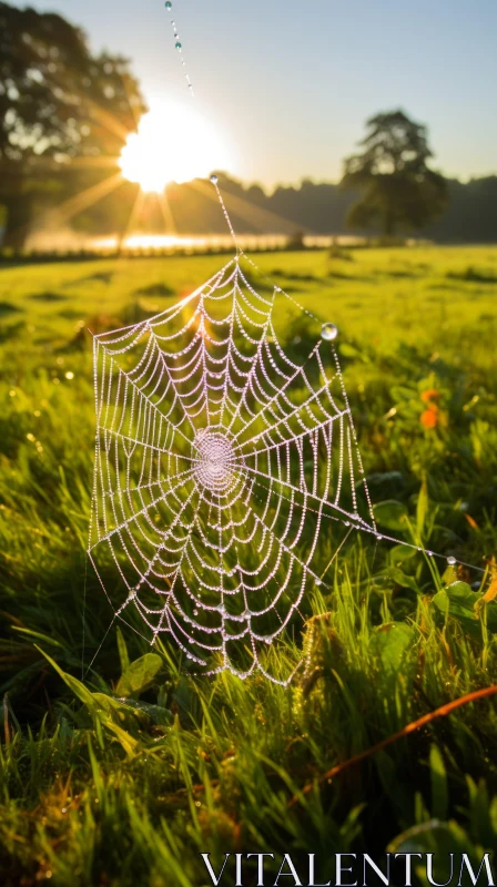 Morning Sun Illuminating Delicate Spiderweb in Rural Countryside AI Image