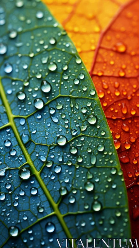 Nature's Art - Raindrops on a Vibrant Leaf AI Image