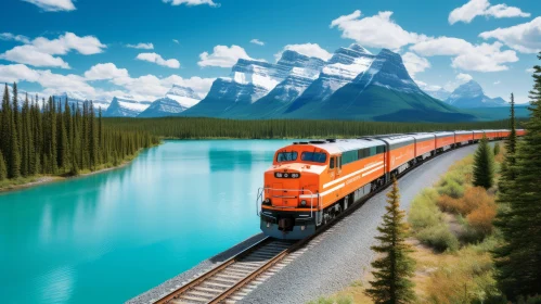 Orange Train on Railroad Tracks - Captivating Contemporary Art