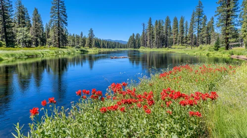 Tranquil River Surrounded by Pine Trees and Wildflowers