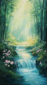 Tranquil Forest Stream with Pink Blossoms