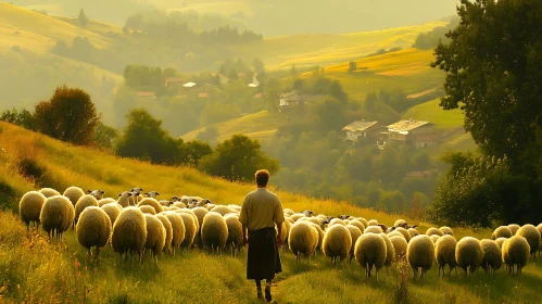 Golden Field with Shepherd and Flock