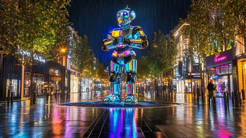 Futuristic Robot in Rainy City