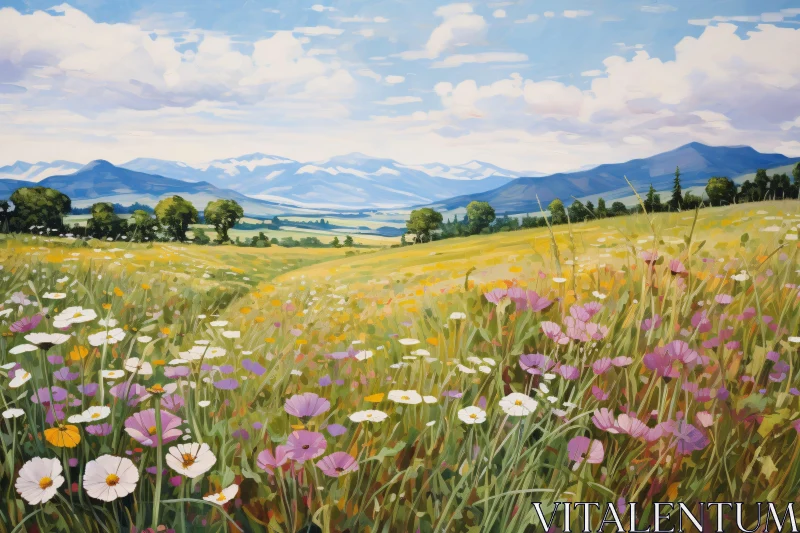 AI ART Floral Meadow Landscape with Distant Peaks