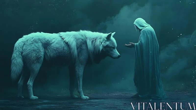 Wolf and Monk in Misty Scene AI Image