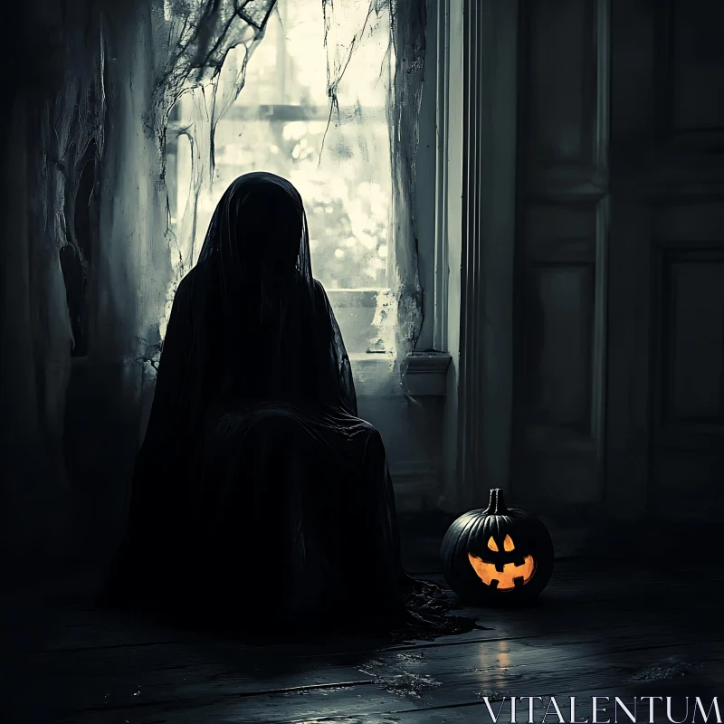 Mysterious Figure and Glowing Pumpkin AI Image