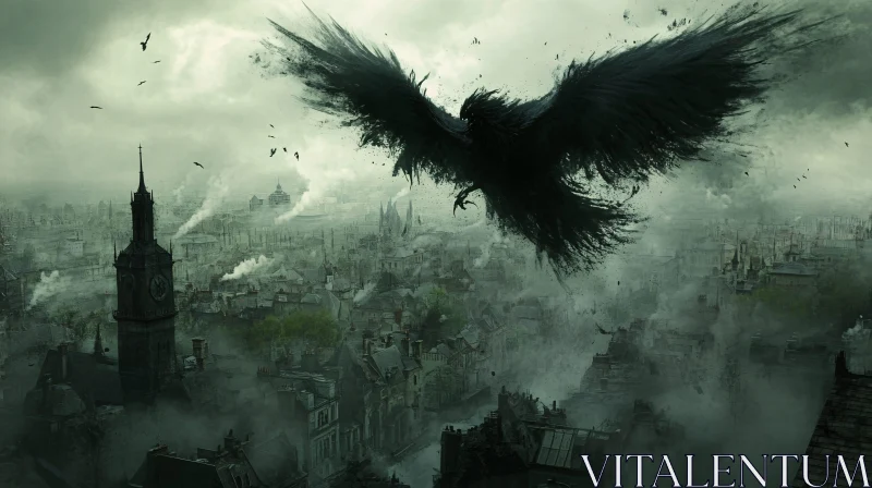 AI ART Gloomy Raven Over Old Cityscape