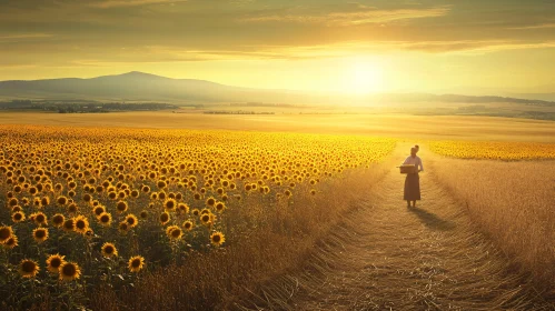 Woman Walking Through Sunflower Meadow