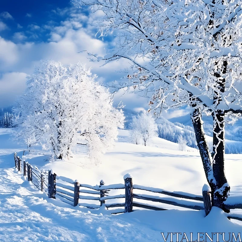 Snowy Winter Landscape with Fence and Trees AI Image