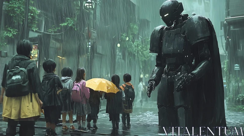 Rainy Day Robot Encounter AI Image