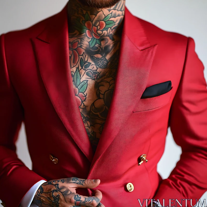 Fashionable Red Blazer and Artistic Tattoo AI Image