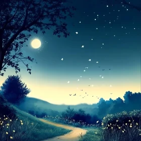 Peaceful Night Scenery with Moon and Stars