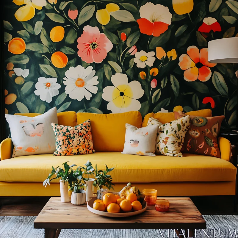 AI ART Cozy Room with Floral Wallpaper