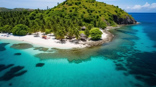 A Captivating Aerial View of a Secluded Island with Sandy Beaches and a Palm Tree