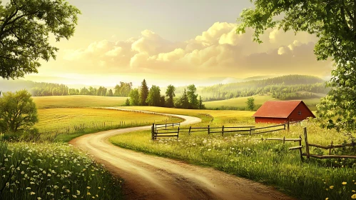 Rural Farm Scene with Red Barn