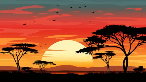 African Landscape with Sunset - Birdlife Cityscapes