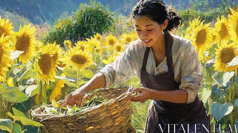 Woman Harvesting Sunflowers in Summer AI Image