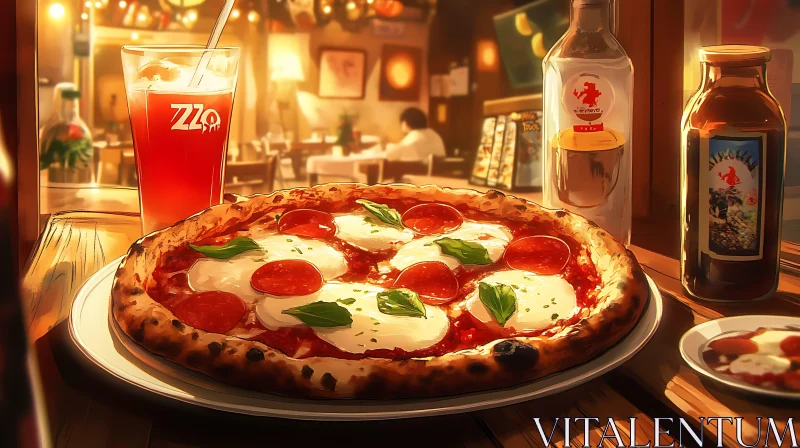 Appetizing Pepperoni Pizza with Basil in Warm Dining Environment AI Image