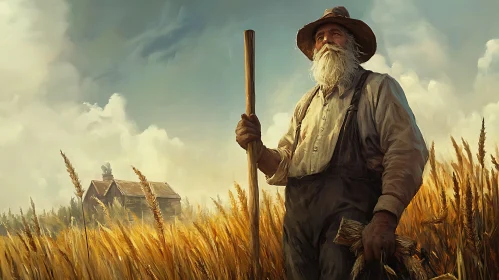 Elderly Farmer in Wheat Field Art