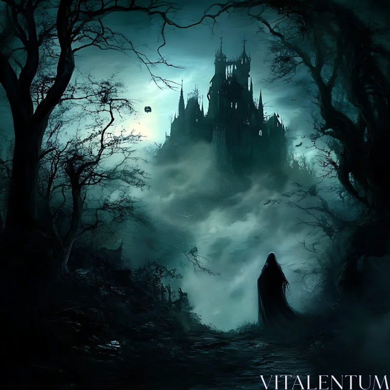 Gothic Castle with Figure in Dark Forest AI Image