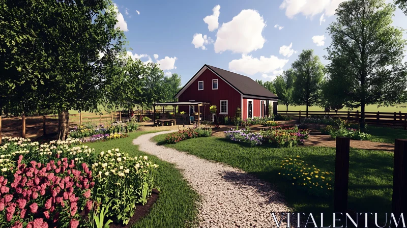 AI ART Charming Farmhouse with Gravel Path and Flowers